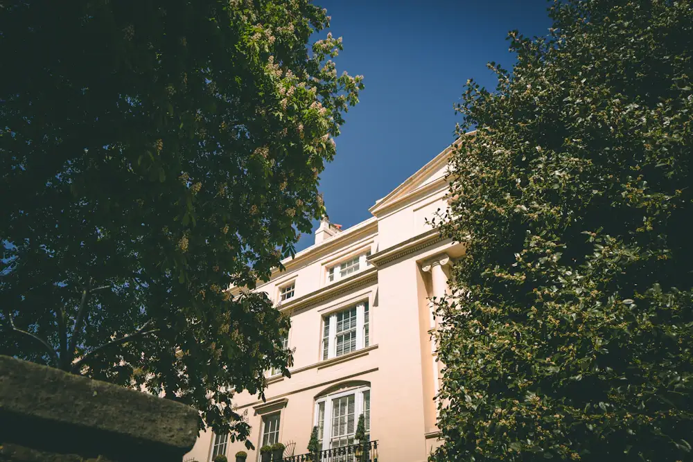 Cream terraced homes framed by leafy trees near Regent's Park in London.